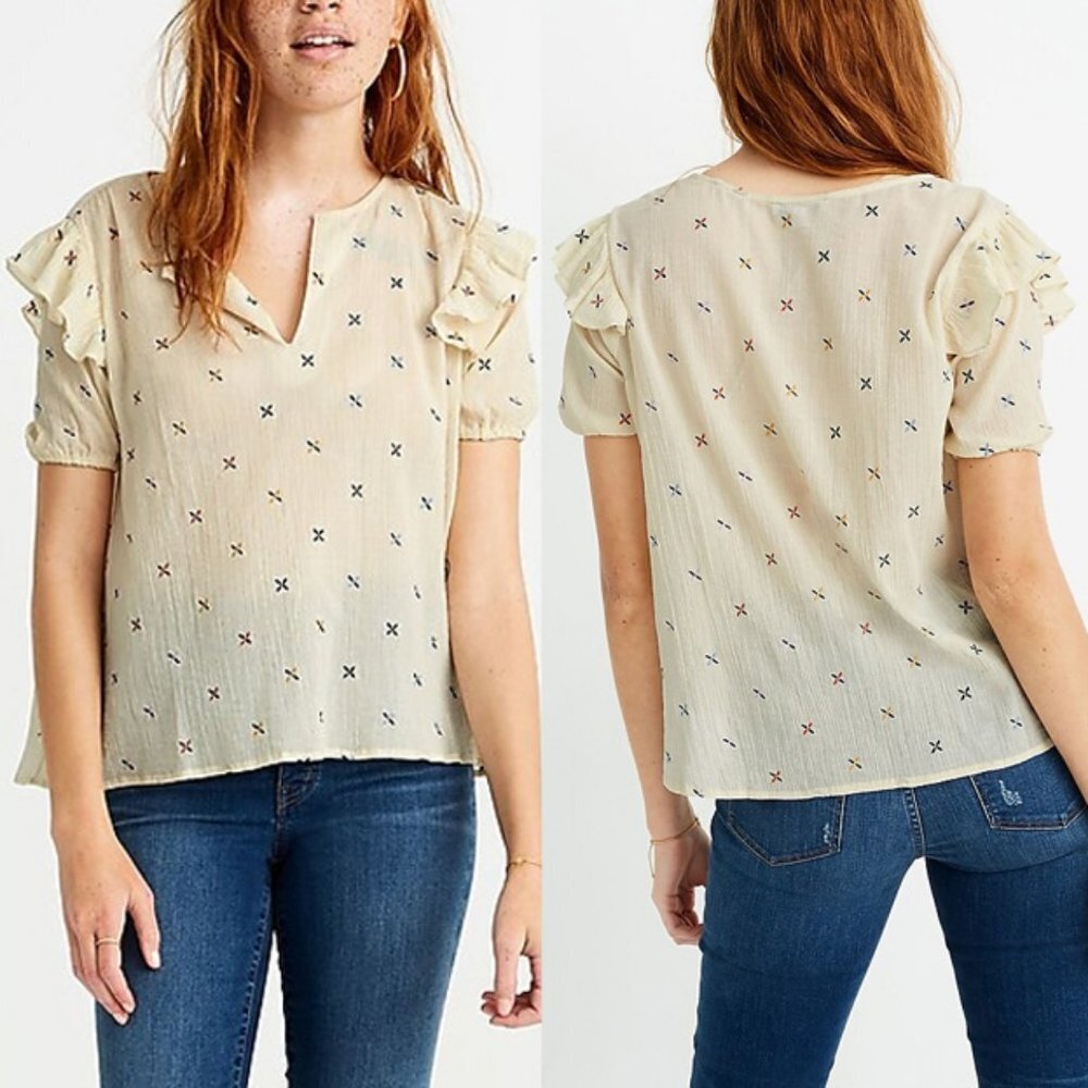 NEW Madewell Embroidered Gazebo Top S Rainbow X Gauzy Blouse Ruffle Puff $78